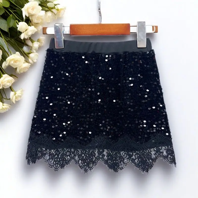 Kids Girls Sequin Lace Skirts 2025 New Fahsion Children Princess Elegant Lace Stitching Skirts Teenage Girl Slim Fit Black Skirt