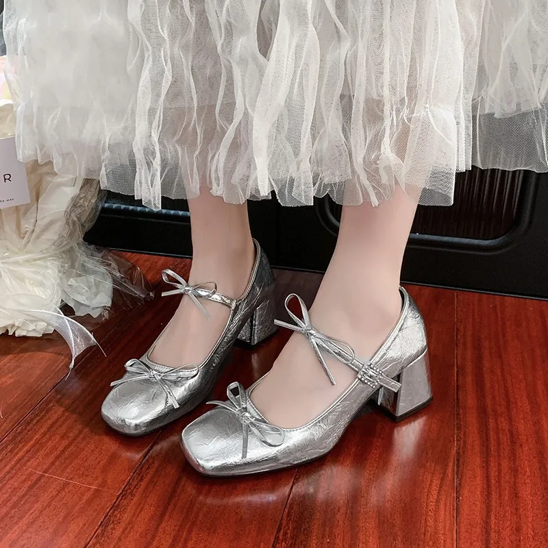 الفرنسية ماري جين النساء أحذية جديدة ساحة تو السباغيتي حزام القوس صندل بكعب مكتنز أحذية من الجلد الصغيرة لينة أسفل مزاجه الصنادل #2