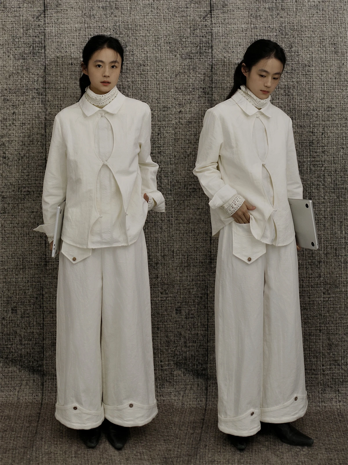 

uoziwangyu Wu Bai Loose Fit Long Sve Collared irt Cotton Linen Texture Splicing Oversized Hoodie Sle Women's Casual ...