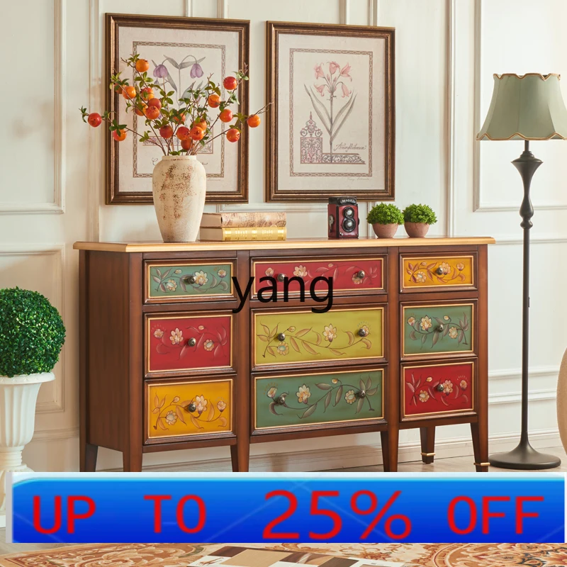 

LMM American solid wood nine-chest cabinet, fully equipped living room storage foyer painted retro decorative cabinet