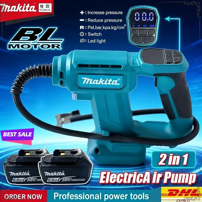 

Воздушный компрессор Makita, цифровой насос с дисплеем, портативный автомобильный насос для накачивания шин, совместимый с аккумулятором Makita 18V.