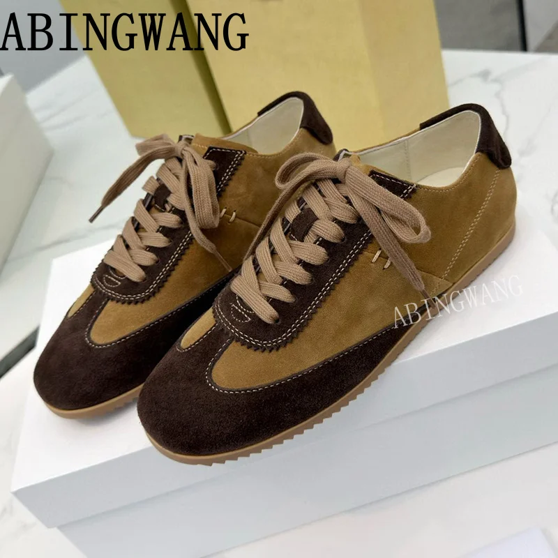 

2025 Spring Autumn New Suede Leather Patchwork Women Flat Sneakers Lace Up Round Toe Casual Shoes Outside Walking Shoes