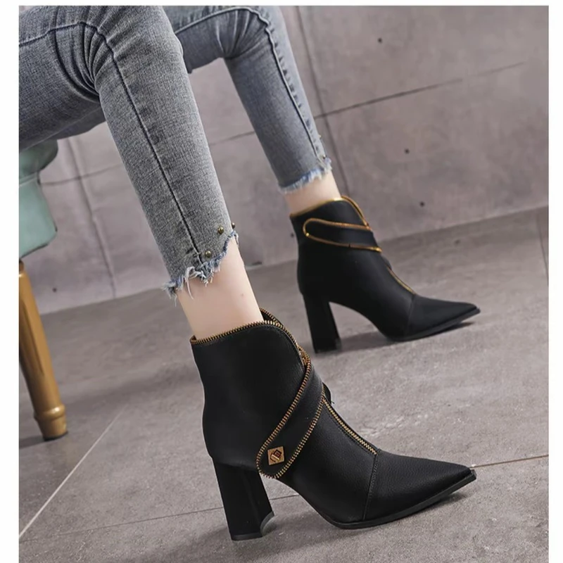 أحذية السيدات في الربيع والخريف عصرية وأنيقة، مع كعب مربع مدبب وكعب بسحاب للخروج من أجل أ #2