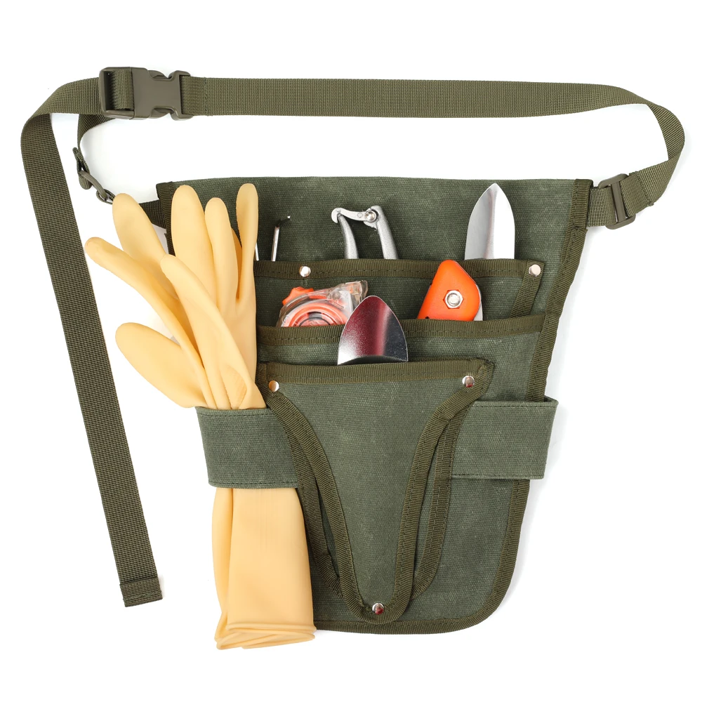 Garten-Werkzeuggürteltasche, Canvas-Gürtel, Werkzeugtasche mit mehreren Taschen, Aufbewahrung, wasserdicht, tragbar, für Männer und Frauen, langlebige Werkzeugtasche – Detail 5
