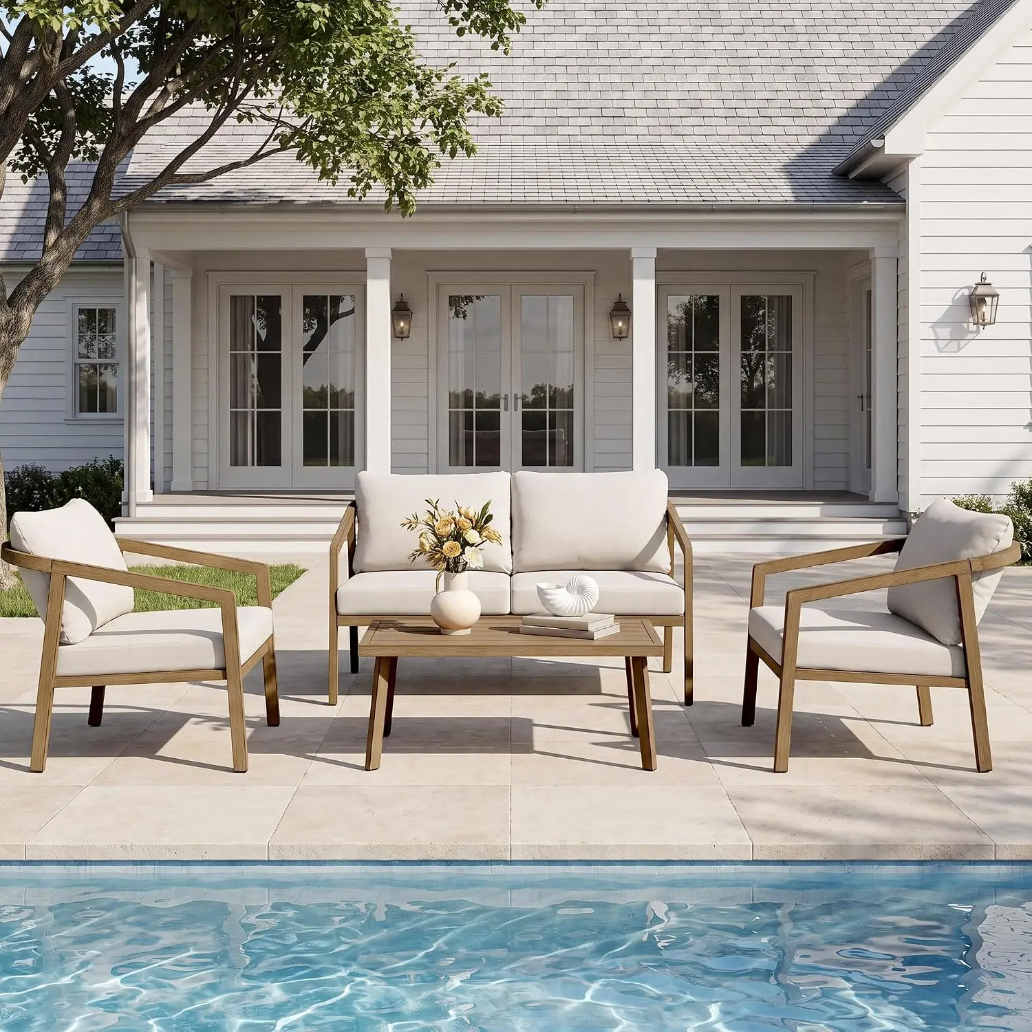Aluminum Patio Sofa Set, 4-Piece Outdoor Furniture with Removable Cushions, 2 Armchairs Loveseat Table for Garden, Customized