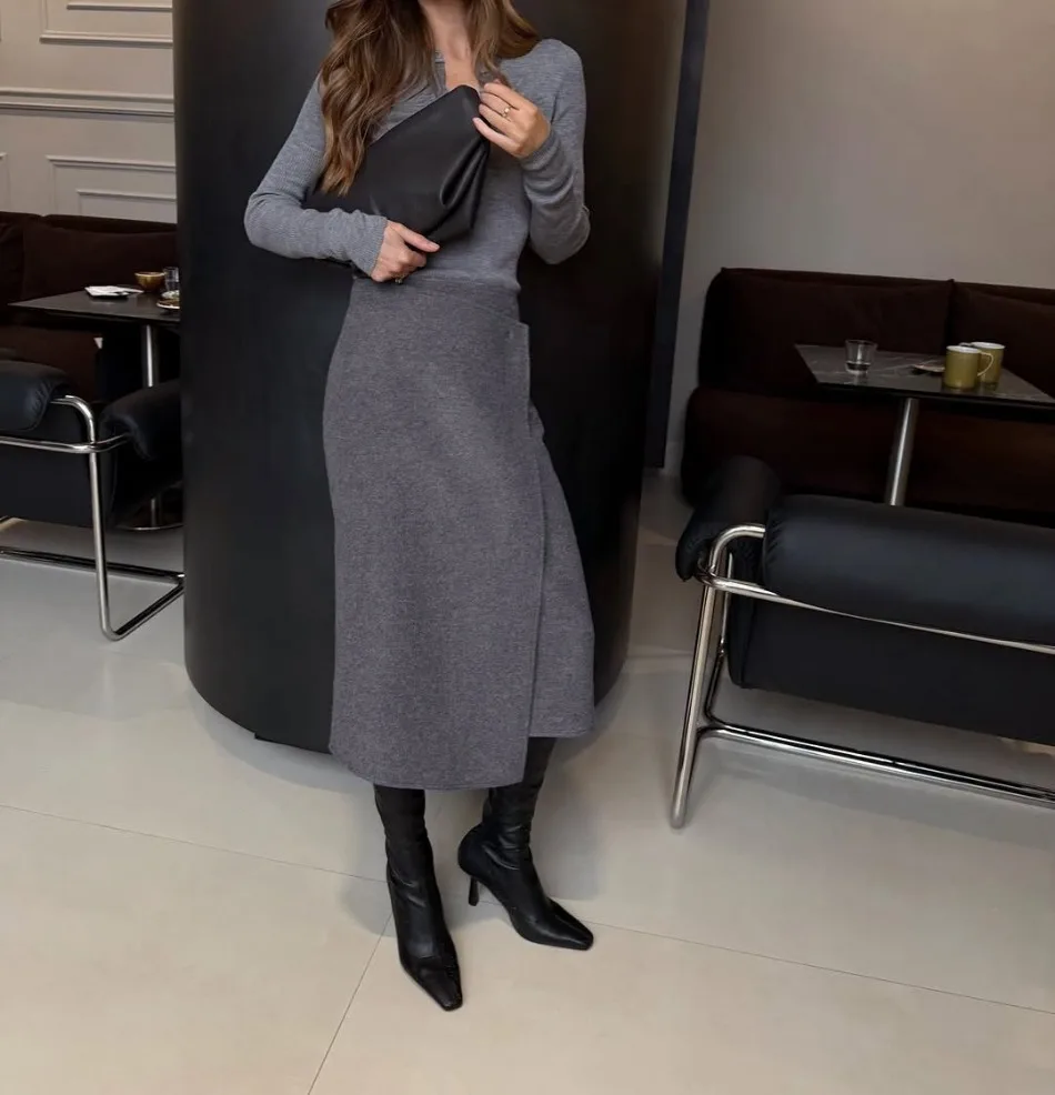 Herbst Winter Neue Damen-Pendlerkleidung Grauer Woll-Midirock Eleganter Hochtaillierter Knopf-Schlitzrock für Damen – Detail 16