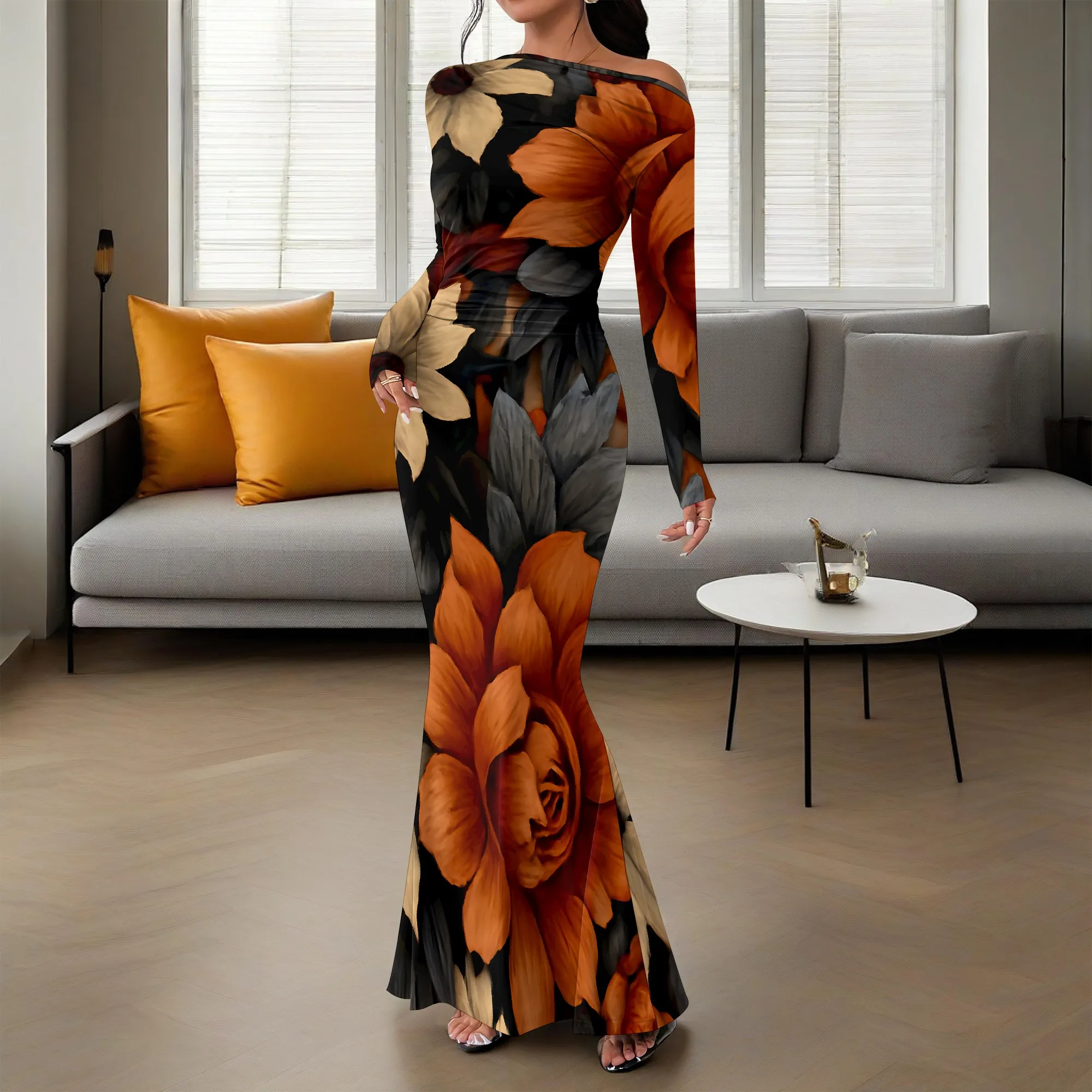 

Off-Shoulder Floral Print Maxi Dress XS-3XL Long Sleeve for Elegant Dinner, Gala or Date Night Look
