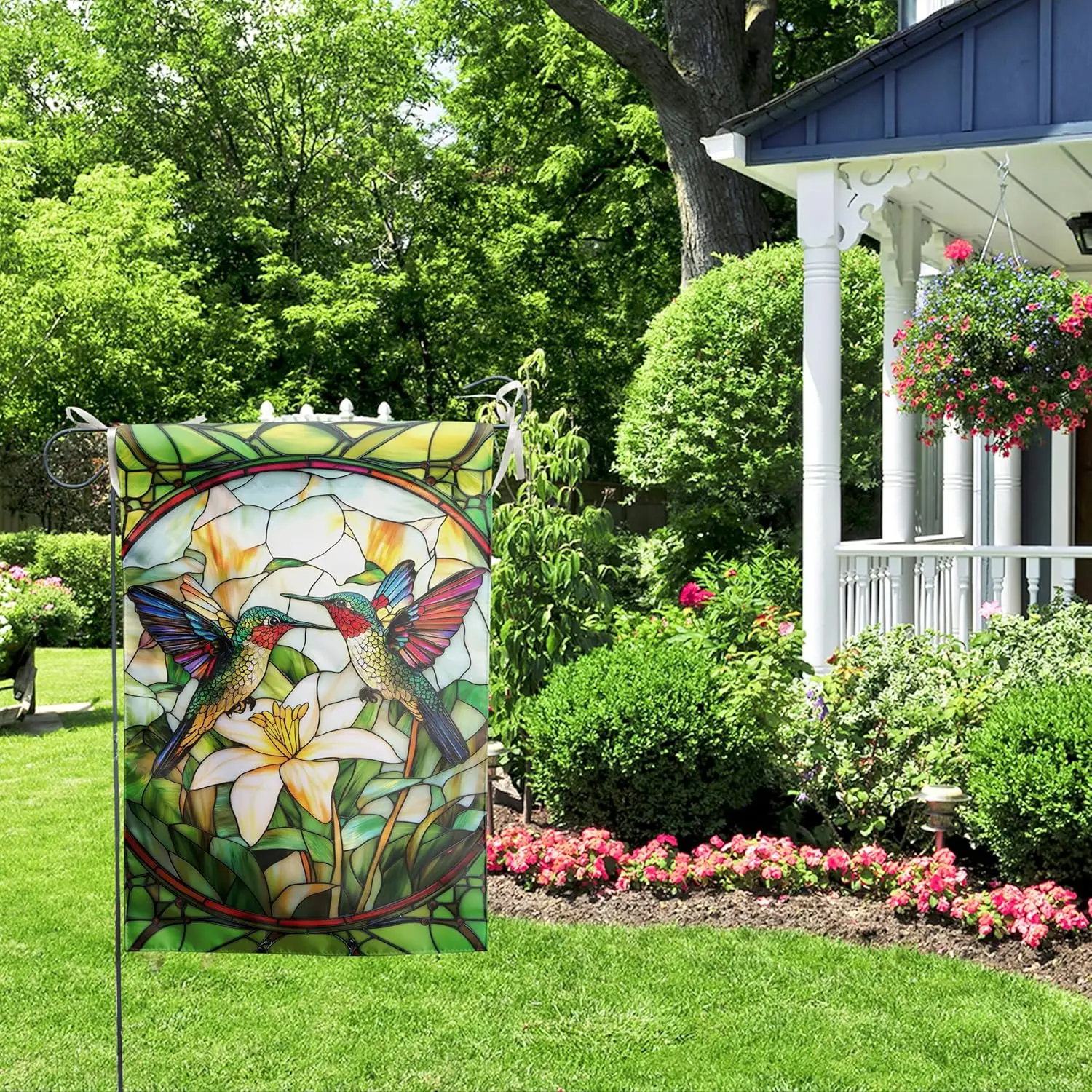 Stained Glass Hummingbird Garden Flags Floral Spring Flag Summer Flower Yard Flags for Outside 12x18 Double Sided Small Outd SSL