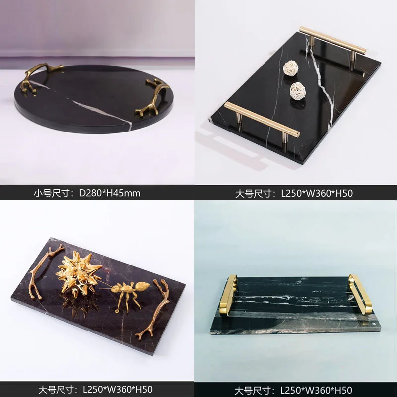 Black and white metal marble tray gold round Nordic modern jewelry dinner plate model room soft decoration jewelry