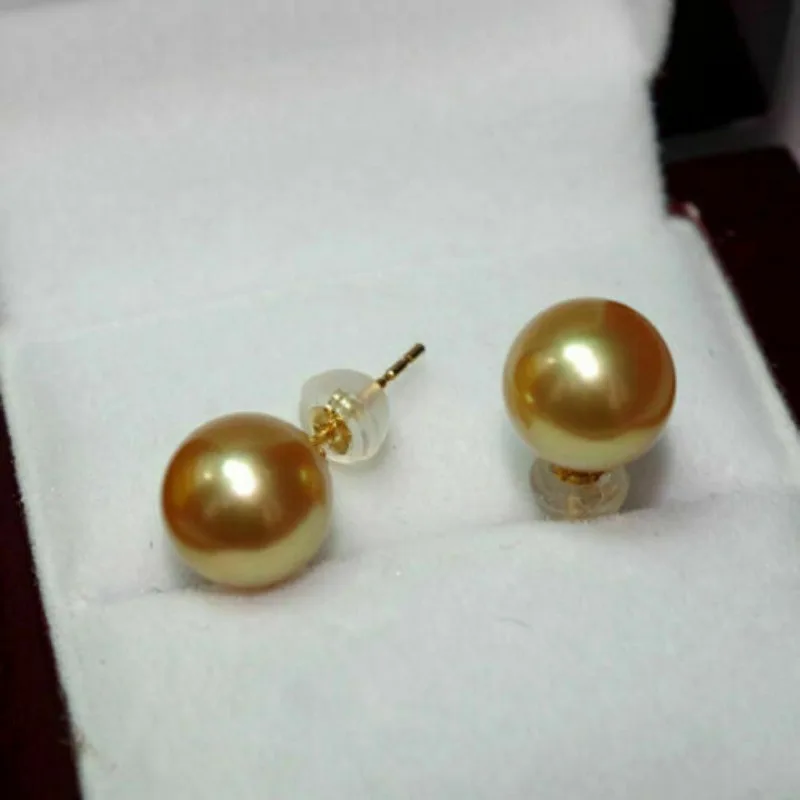 

Gorgeous Huge AAAAA 11-12mm Round Natural South Sea Gold Pearl Earrings 18K Gold -