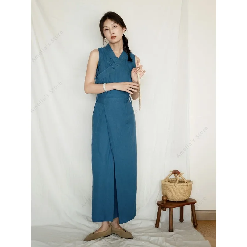 

Elegant Chinese Style Qipao Vintage Solid Color Linen Casual Loose Maxi Dress for Women Summer