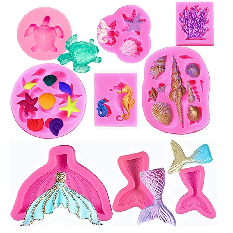 

Marine Theme Fondant Mold 3D Mermaid Tail Seashell Seahorse Seaweed Turtle Dolphin Cake Decorating Tools Cupcake Topper Kitchen