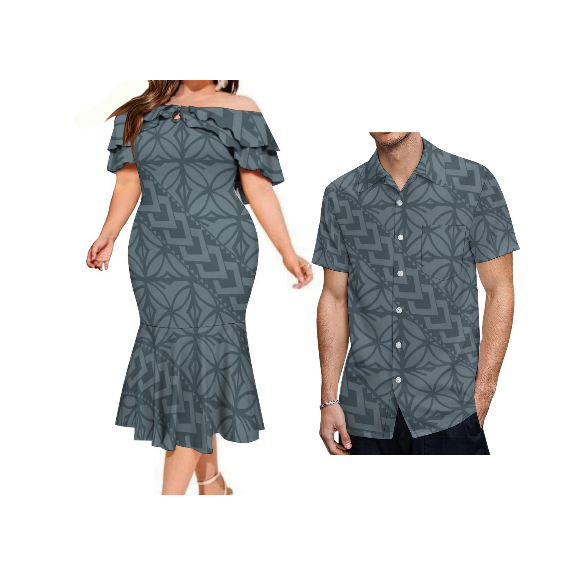 فستان نسائي مخصص مكشوف الكتفين على الطراز البولينيزي مع مجموعة قميص Ah Roja للزوجين شحن مجاني