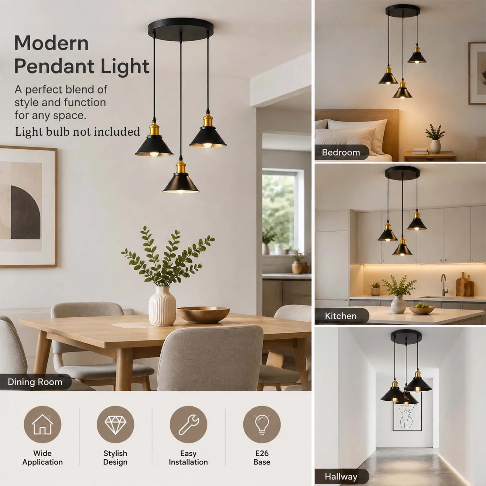 Cluster Pendant Light, 3 Black Cone Shades, Brass Socket, E27 Dining Room