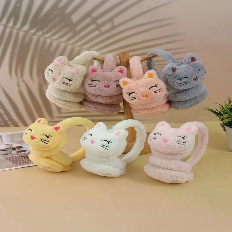 韓国版 秋冬用ぬいぐるみ暖かい耳あて、ぬいぐるみのかわいい漫画猫耳あては寒さから耳を守ります
