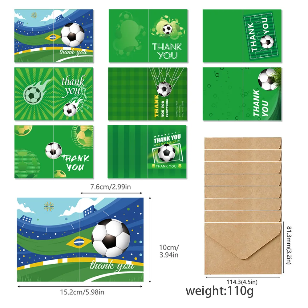 8Pcs/Set Sports Football Theme Thank You Greeting Card with Envelope Soccer Fold Invitations Card for Kids Birthday Party Decor