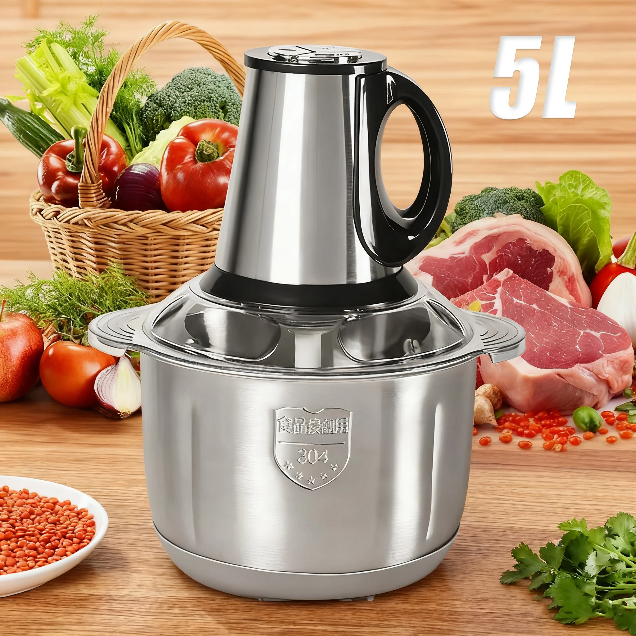 5L Elektrische Fleischwölfe 3-Gang-Lebensmittelzerkleinerer Edelstahl Multi Leistungsstarker Gemüseschneider Prozessor Chopper Küchenmixer
