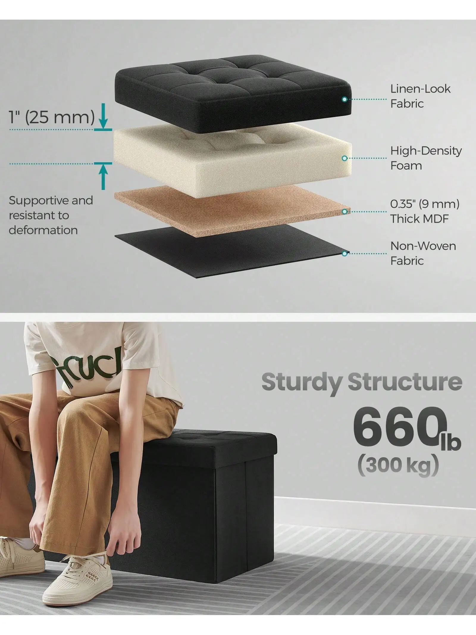 SONGMICS Storage Ottoman, Foldable Storage Bench, 15 x 30 x 15 Inches, Flipping Lid, 660 lb Load Capacity, for Entryway image 3