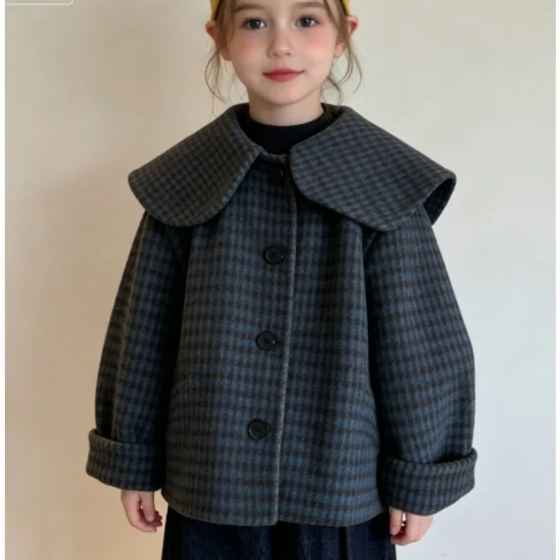 Girls' plaid coat for spring and autumn, Korean children's clothing woolen fabric casual short navy collar coat