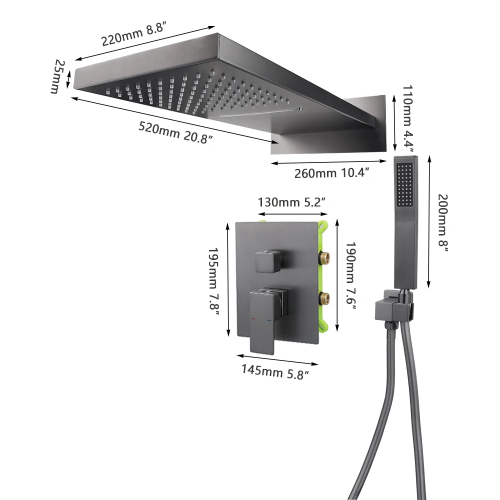 ZAPPO Grey Shower Systerm Waterfall Shower Faucet Set Brass Concealed Shower Wall Mounted Shower Column Hot Cold Mixing Valve