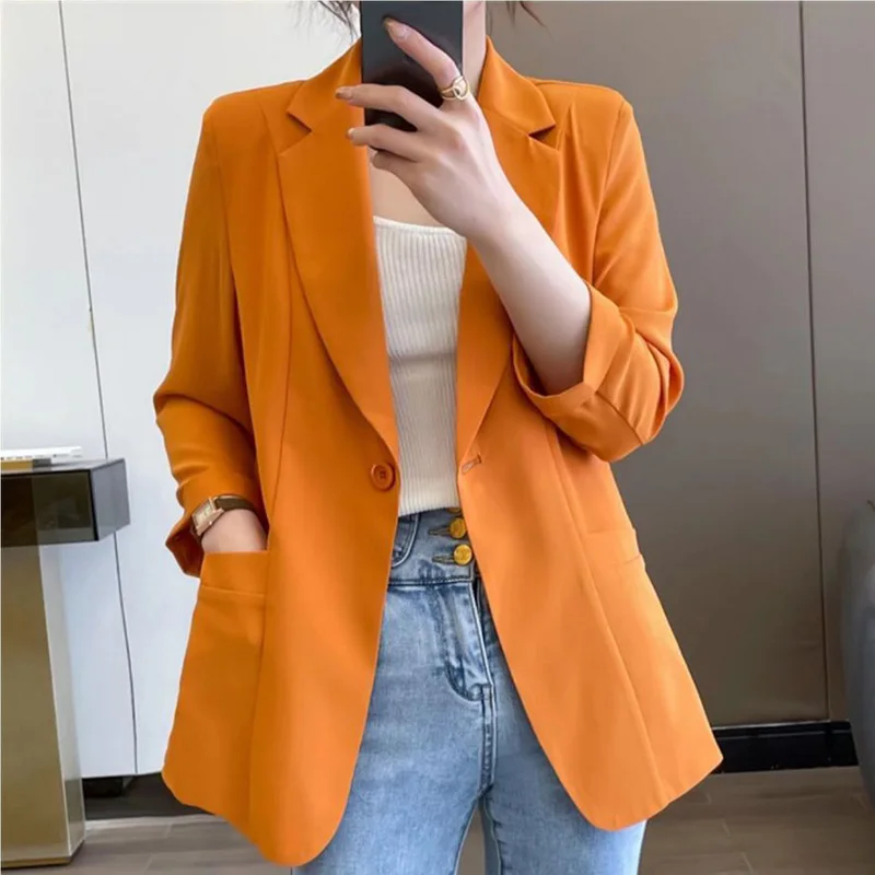 Elegant Solid Color Button Spliced Pockets All-match Blazer Women Clothing 2023 Autumn New Casual Tops Loose Casual Blazers