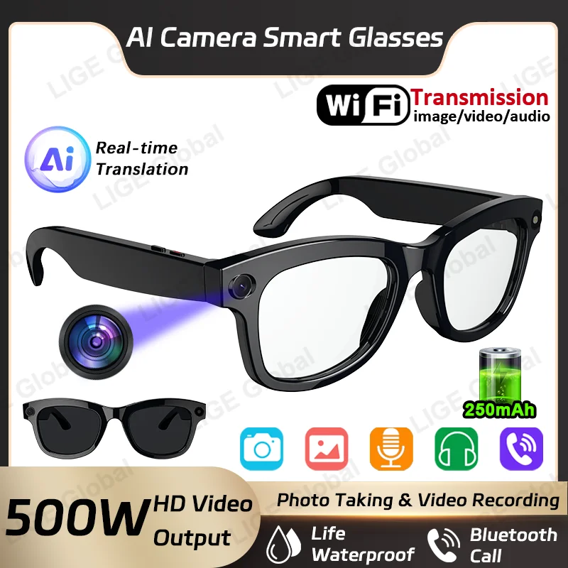 

LIGE AI Smart Glasses Chat Voice Assistant Control 250mAh Battery 500W HD Camera Video Photo Bluetooth Call Sunglasses 2025 New