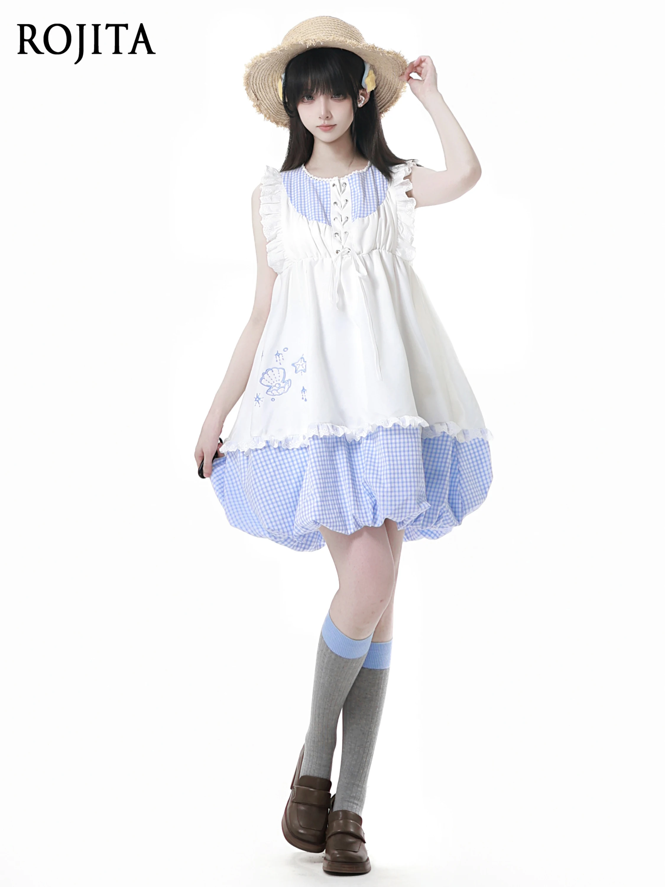 

Summer Sweet Sleeveless Doll Dress Women Embroidered Shell Patchwork Plaid Flower Bud Dress Doll Shirt Short Top Plaid Shorts