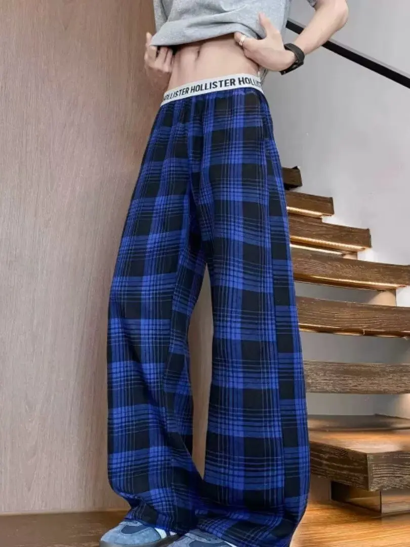 Blue Plaid Drapey Waist Design Casual Pants High Waist Loose Slimming Wide Leg Trendy Long Trousers Fashionable Men's Clothing