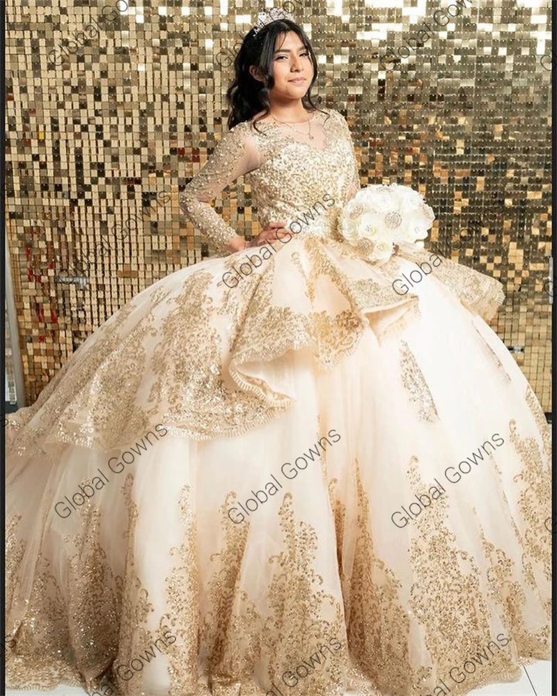 فساتين Quinceanera مطرزة باللون الذهبي ، خرز طويل الأكمام ، لؤلؤ ، فستان للحفلات الراقصة ، فستان متدرج ، برباط ، 15 عامًا