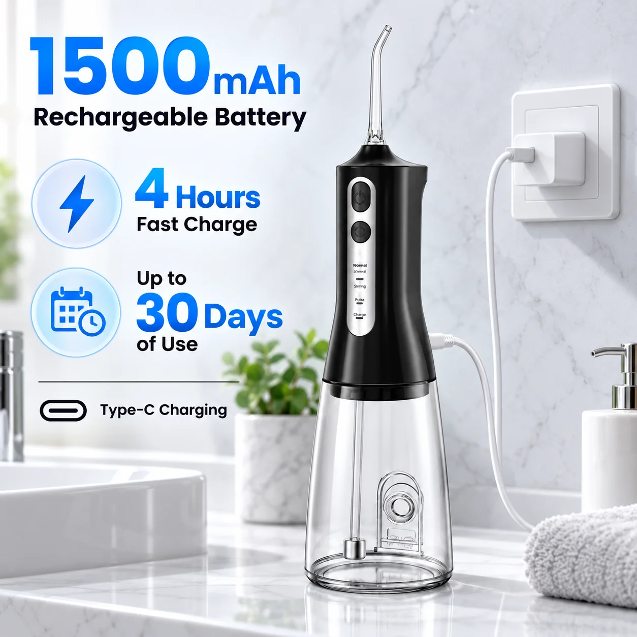 Zahnreinigungsgerät, Munddusche, Wasserflosser, Zahnseide, Mundspülgerät, 4 Düsen, 4 Modi, USB-aufladbar, 300 ml Tank – Detail 8