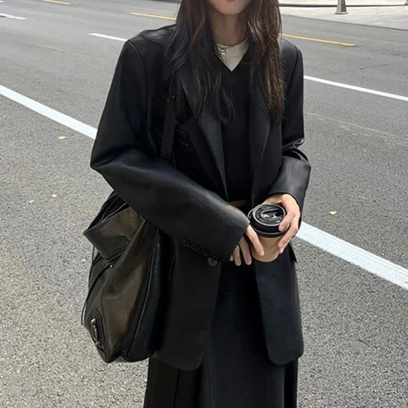 Frühling Herbst Dame Langarm Anzug Leder Retro Frauen Große Größe 4XL PU Leder Jacke 2025, Femme Hochwertige kunstleder Top