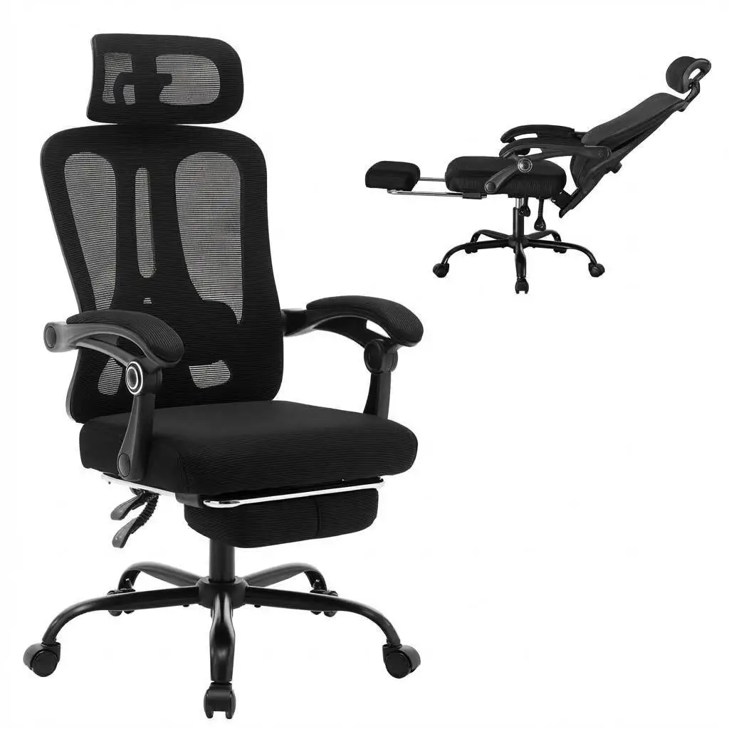Chaise de jeu ergonomique à dossier haut en maille, appui-tête réglable, dossier inclinable, chaise pivotante pour ordinateur avec repose-pieds pour la maison et le bureau