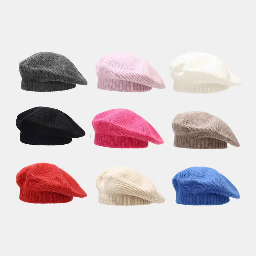 Simple Women Rabbit Fur Knitted Beret French Fashion Artist Winter Warm Beanie Hat Vintage Plain Solid Solor Painter Skull Cap