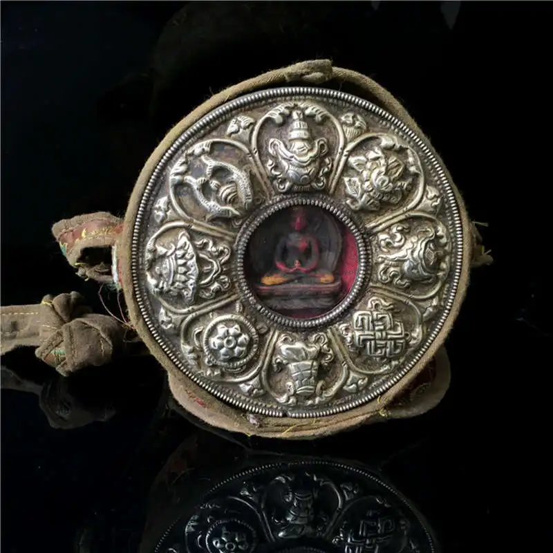 

12CM Tibet Old Prayer Box Eight Auspicious Big Round GAU with Buddha Amulet for Man TGB056