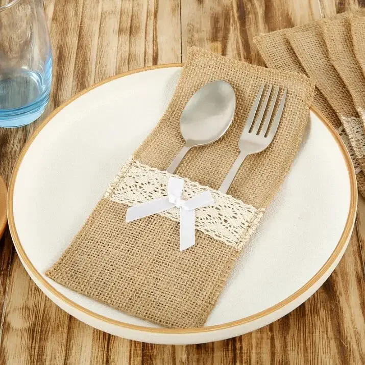 20pcs Natural Jute Burlap Cutlery Holders Packaging Fork and Knife Cutlery Pouch for Wedding Party Birthday Tableware Supplies