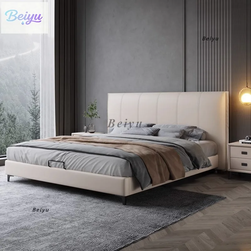 

Italian modern simple small apartment double bed light luxury first layer cowhide master bedroom household wedding bed wabi-sand