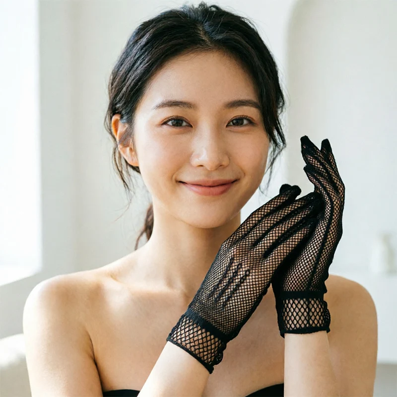 Summer Thin Sexy Mesh Three-Bar Full-Finger Fishing Net Lace Free Hollow Wedding Etiquette High Elasticity Gloves