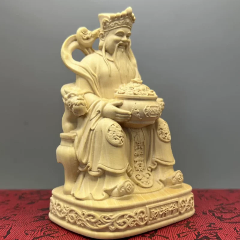 Exquisite boxwood carving Wen Caishen Buddha statue enshrined home shop Feng Shui auspicious wealth attracting ornaments