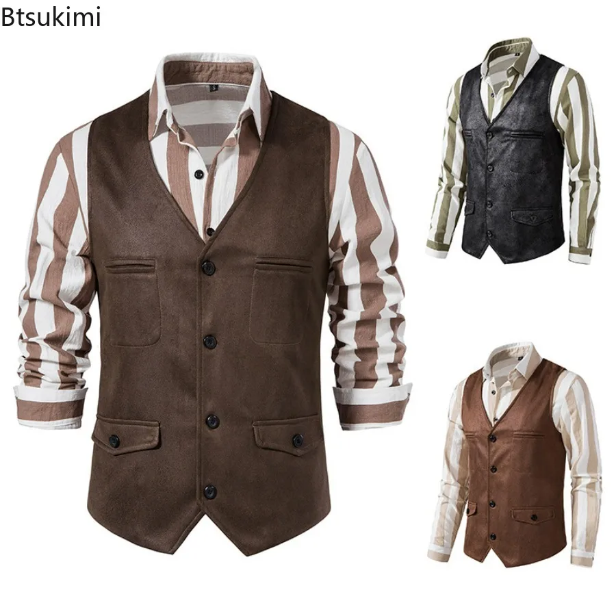 

New 2025 Men's Vest V-neck Suede Single Breasted Vest Jacket Men Casual Business Party Waistcoat Fashion Solid Slim Vest for Men