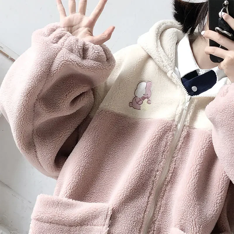 Japanese Kawaii Loose Zip Up Hooded Soft Girl Harajuku Jacket Outwear Women Hooded Cute Sweatshirt Lamb Wool Coat Pocket Hoodies