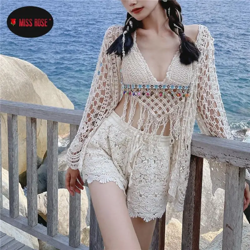 Vintage Floral Embroidery Sexy Three Piece Sets Women Lace Beach Hollow Out Cardigan + Bra Top + Shorts See Through Boho Outfits