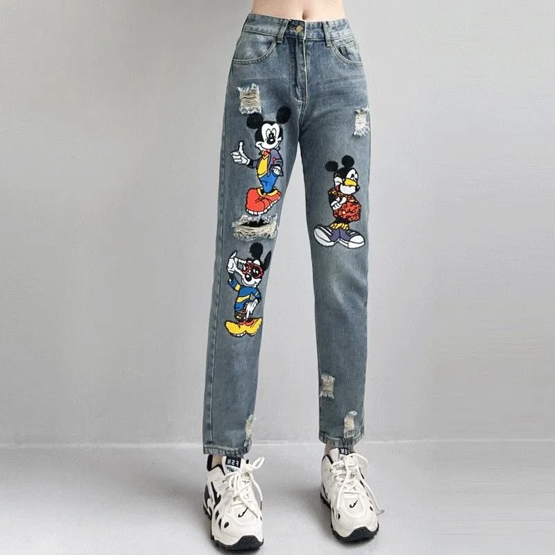 Jeans strappati topolino nuovo cartone animato da donna topolino stampa sciolto dimagrante a vita alta pantaloni harem alla moda che riducono l\'età