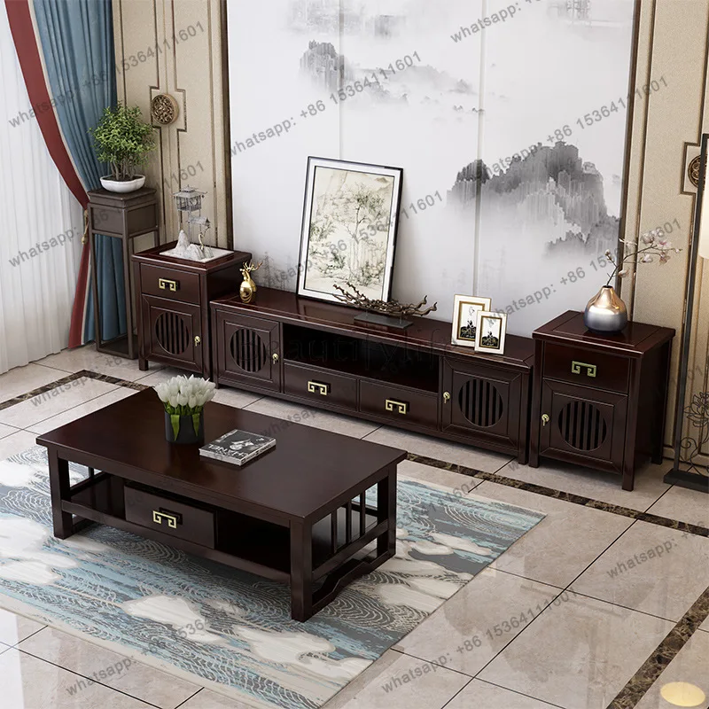 New Chinese style solid wood coffee table group Chinese style home living room rock slab locker
