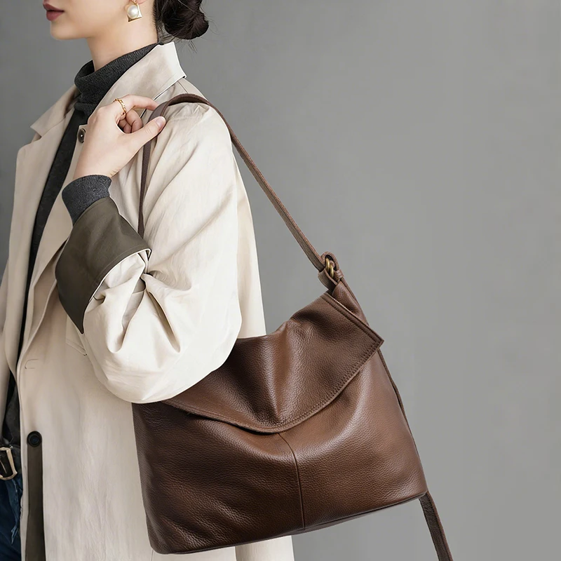 

Genuine cowhide leather women's handbag, large capacity soft leather tote, casual single-shoulder slouchy style big bag