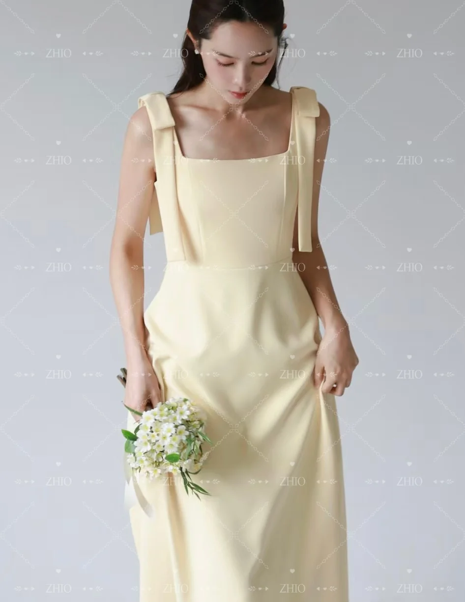 ชุดแต่งงานผ้าซาตินสีขาวเรียบง่าย สายเดี่ยวผูกโบว์ ชุดราตรีสไตล์เกาหลี สำหรับถ่ายภาพ ชุดเจ้าสาวสั่งตัด