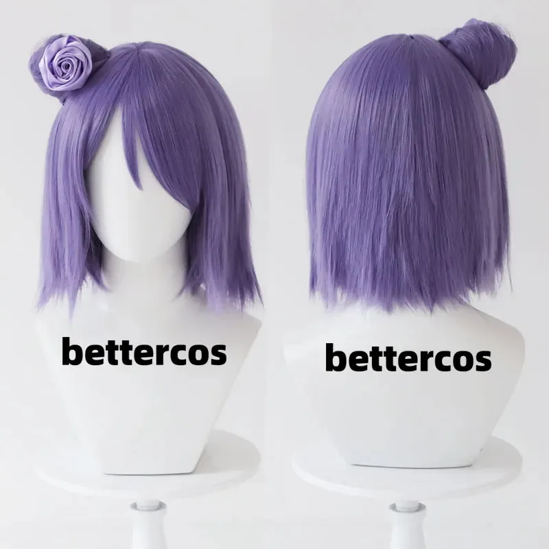 2025 Konan Cosplay Anime Purple Short With Bun Heat Resistant Synthetic Hair Halloween Party Wigs + Wig Cap