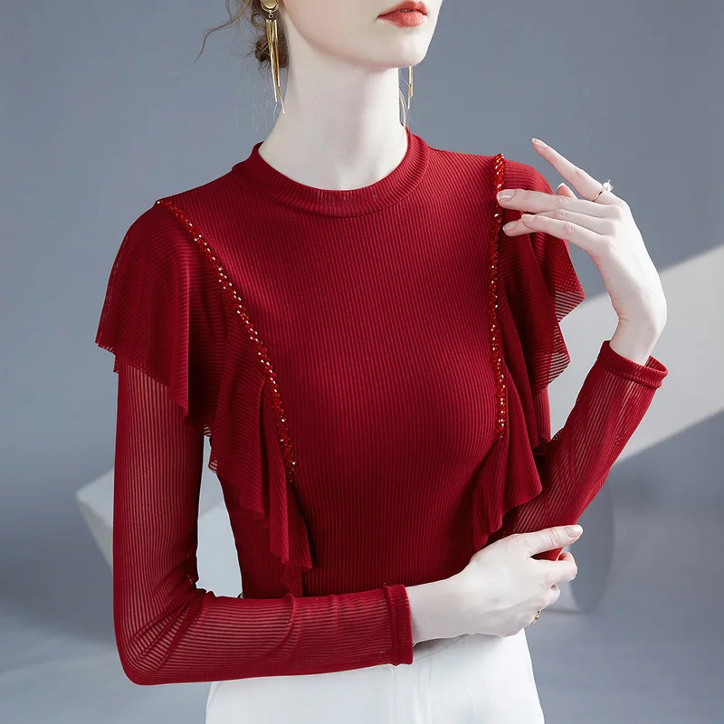 Autumn New Long Sleeved O-Neck Women's Tops Fashion Casual Ruffles Solid Color Mesh T-Shirt M-3XL Beaded Elasticity Clothes