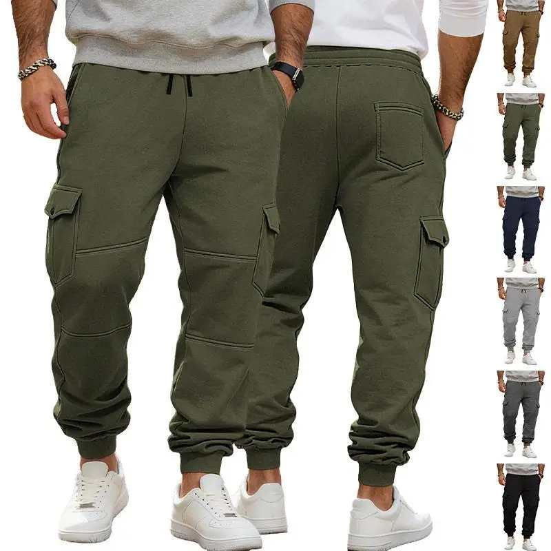Warm Casual Work Pants Autumn Winter Sports Running Trousers Multiple Pockets Drawstring Independent Station Cross Border