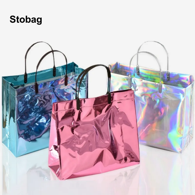 StoBag 10pcs Laser Tote Shopping Bags Woman's Plastic Shoulder Fashion Girl Gift Wedding Pouches Portable Custom Logo(Extra Fee)