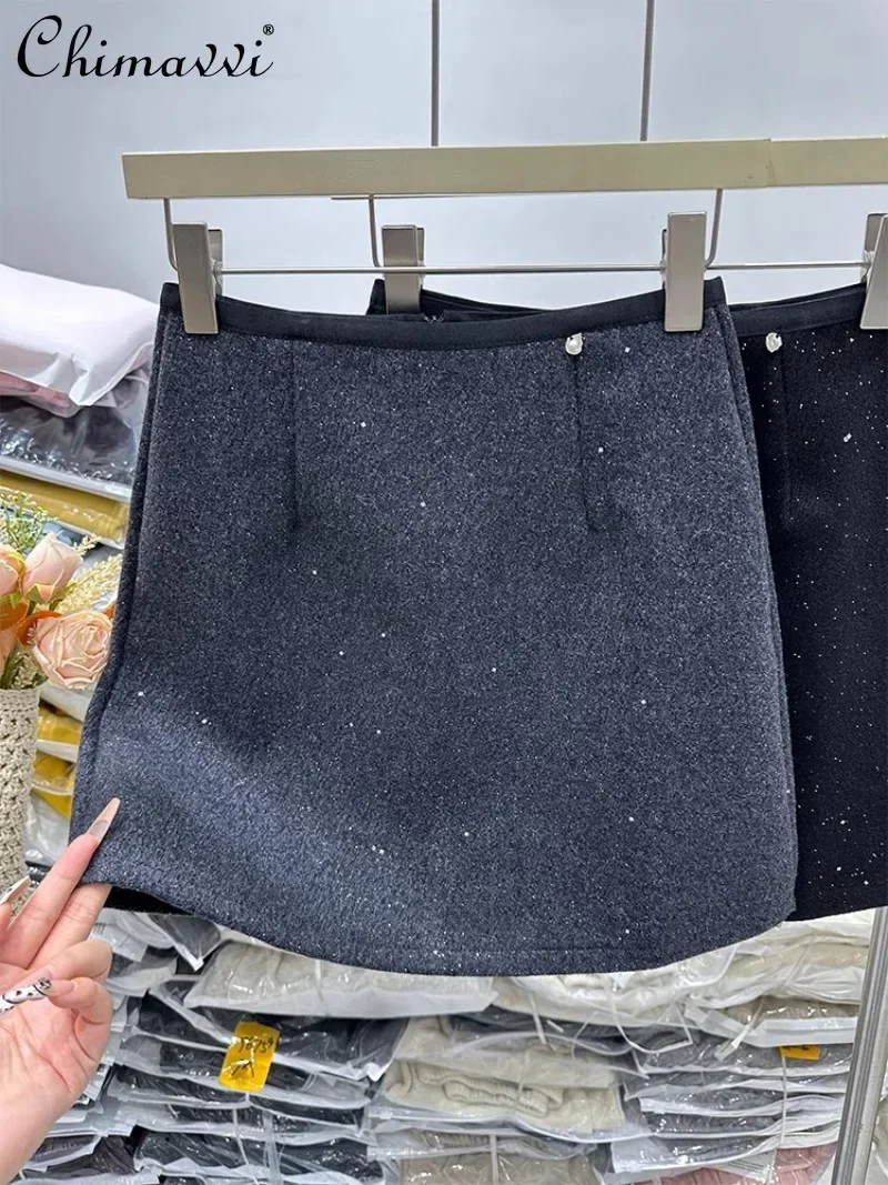 

2024 Winter High-end Heavy Industry Sequins A-Line High-waisted Hip-wrapped Slim-fitting Fashionable versatile Skirt For Women